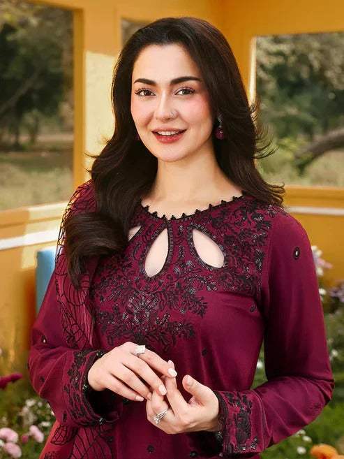 Maroon Embroidered 3-Piece Premium Lawn Suit